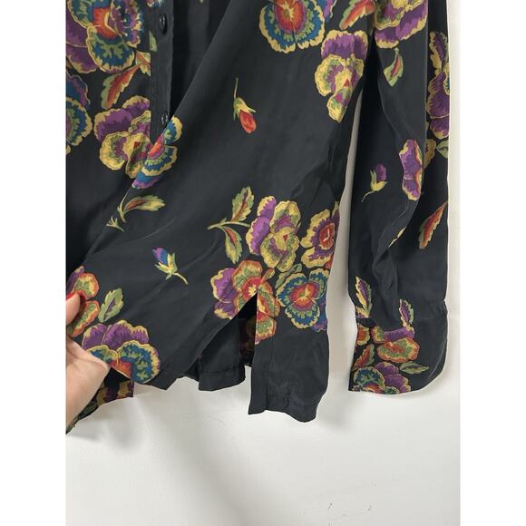Coldwater Creek Silk Blouse Top Shirt Button Black Floral Medium Long Sleeve - Picture 4 of 10